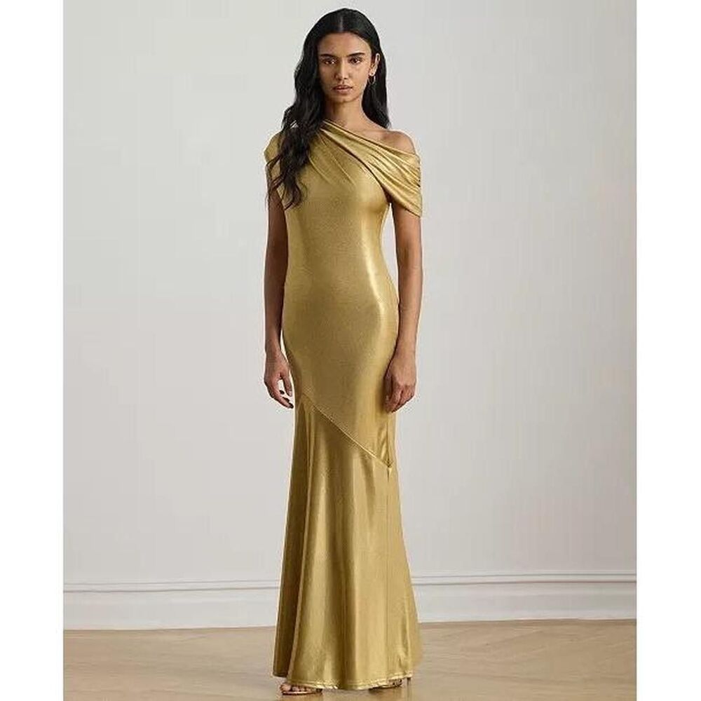 New Lauren Ralph Lauren Gold Metallic Jersey One Shoulder Draped Mermaid Gown 12